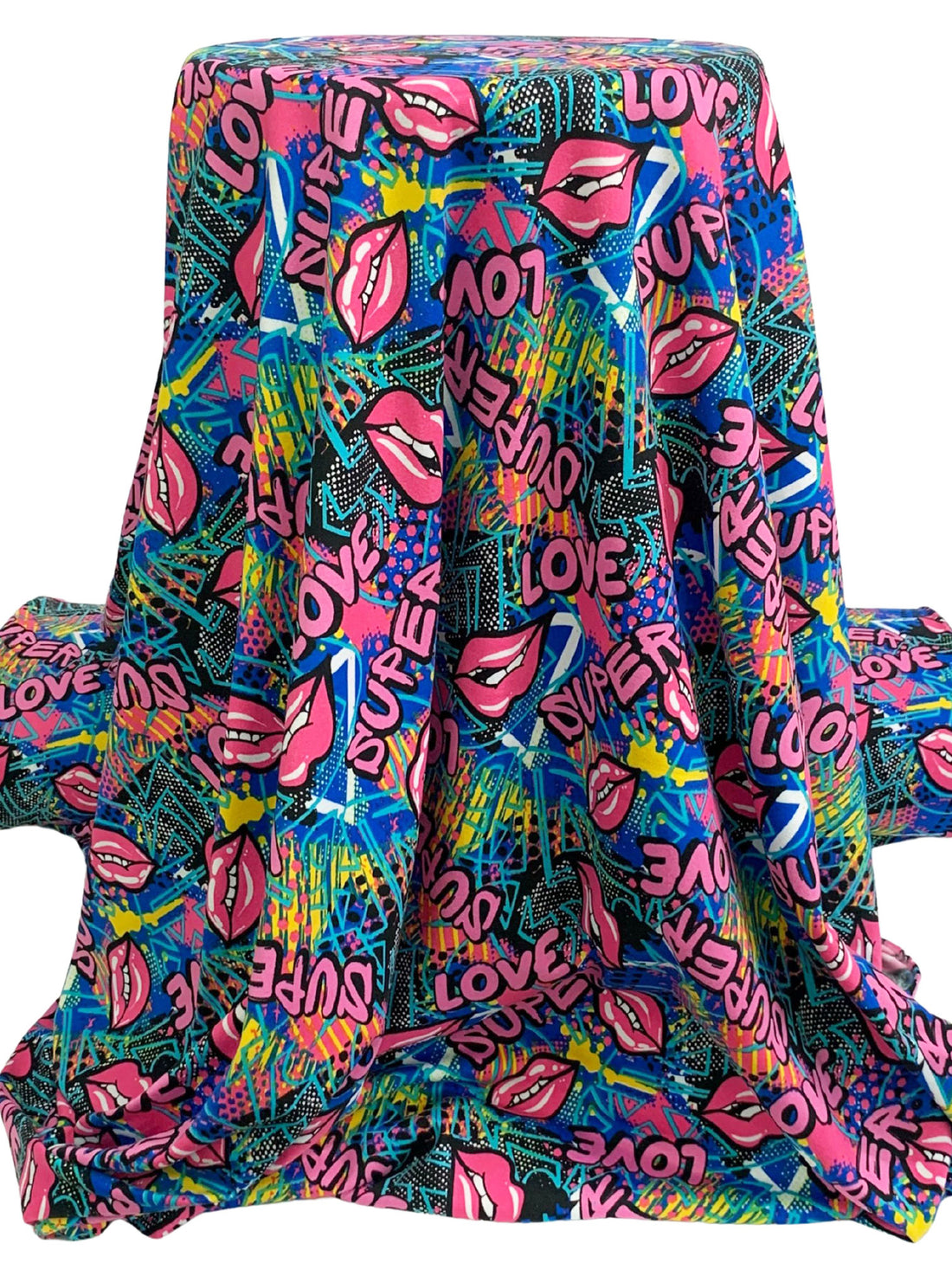 Lapis Blue/Vivid Pink/Black/Multi 100% Polyester Street Graffiti Print Double Brushed Fleece Knit - NY Designer - 60W