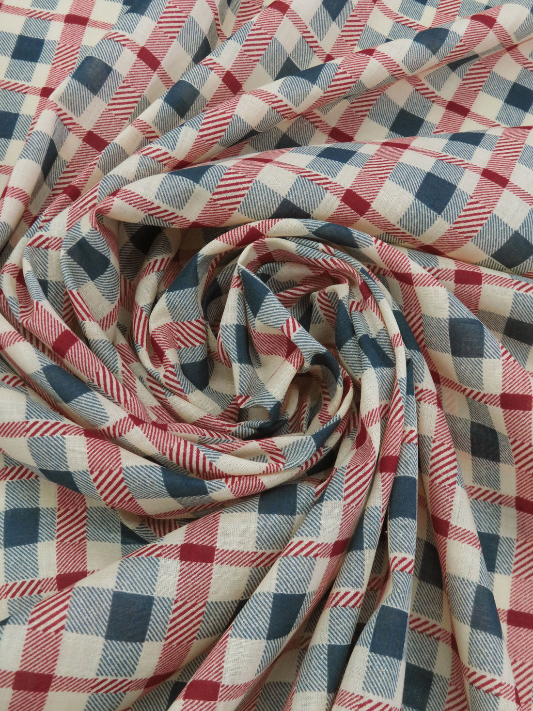 Cream/Admiral Blue/Crimson Red 100% Cotton Plaid Print Vintage Lawn - Albert Nipon - 34W