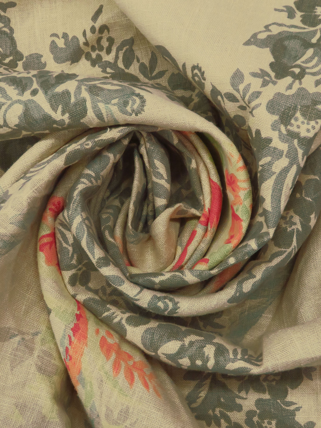 Ecru/Taupe Gray/Dark Peach/Multi Linen/Cotton Large Folk Pheasant Framework Print Linen Suiting 57W