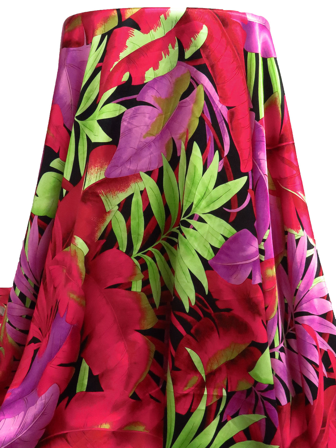 Black/Cardinal Red/Light Lime/Multi 100% Polyester Large Tropical Leaf Print Charmeuse 60W