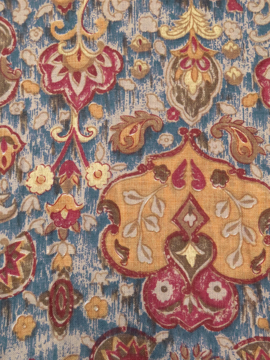 Tan/Barn Red/Muted Denim/Multi 100% Linen Weathered Ornate Print Midweight Woven 58W