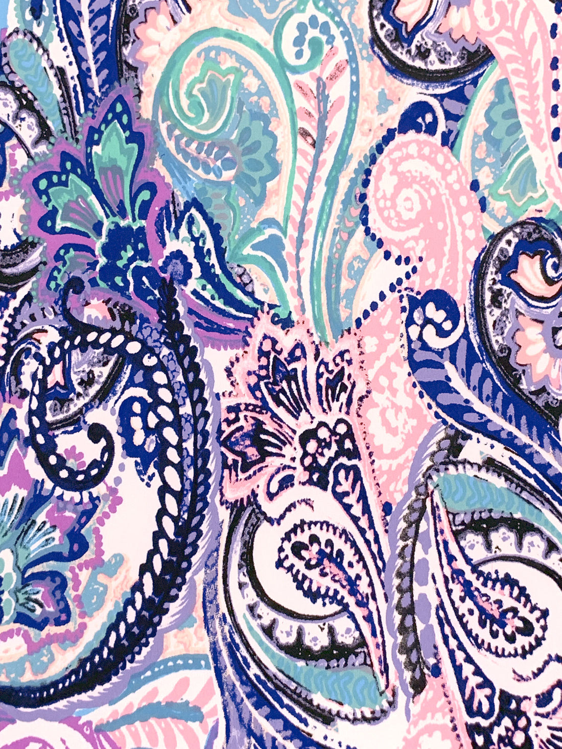 Imperial Blue/Rich Lilac/Cherry Blossom Pink Polyester/Lycra Stylized Paisley Scrolls Print ITY Knit 54W