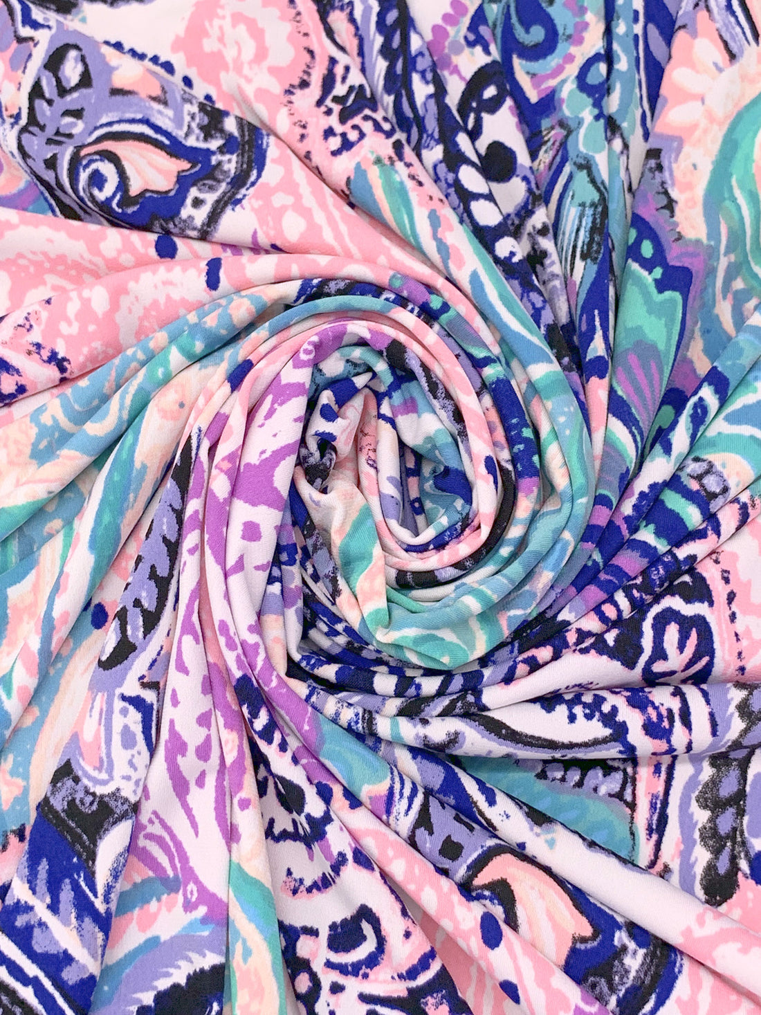 Imperial Blue/Rich Lilac/Cherry Blossom Pink Polyester/Lycra Stylized Paisley Scrolls Print ITY Knit 54W