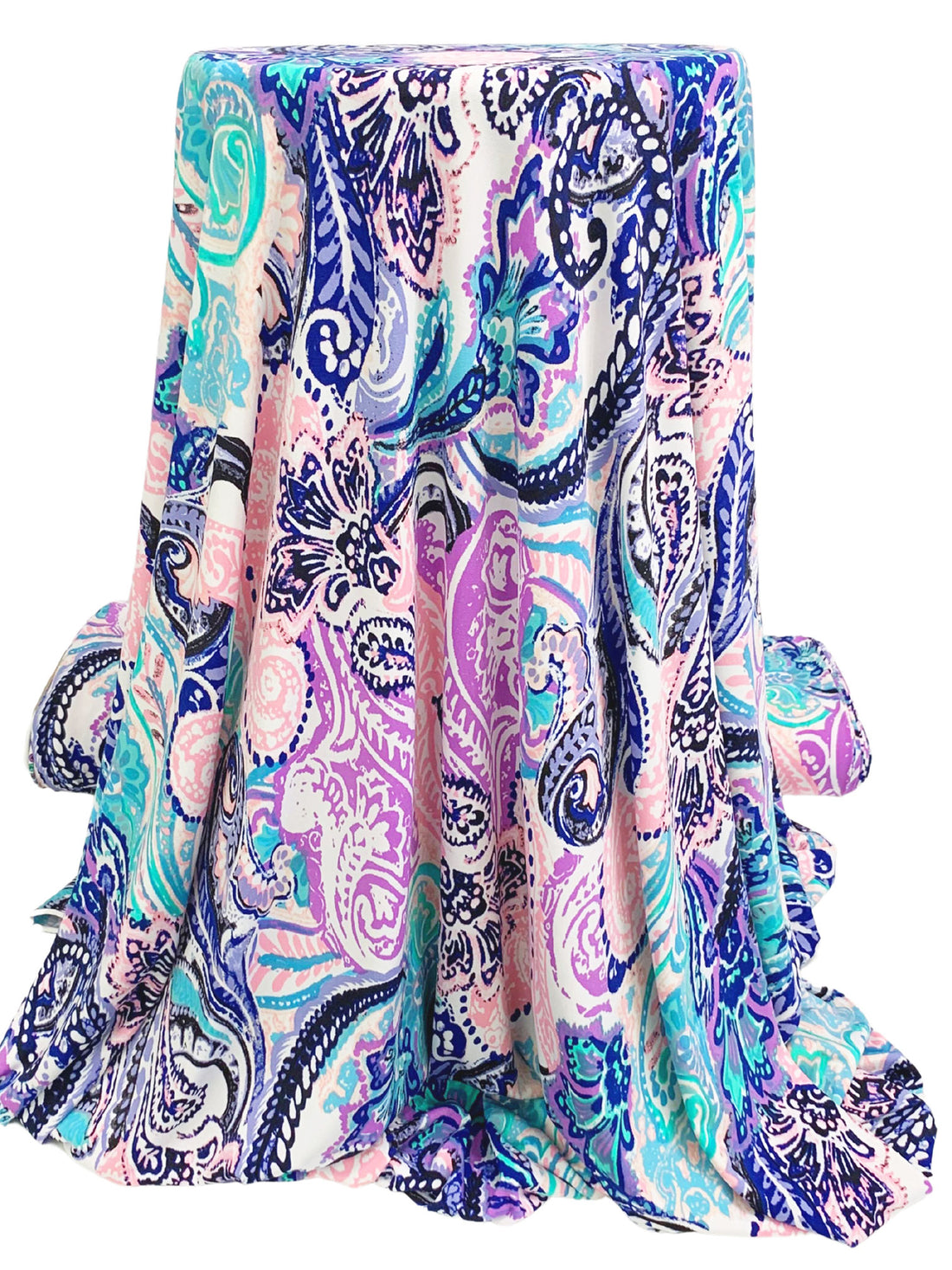 Imperial Blue/Rich Lilac/Cherry Blossom Pink Polyester/Lycra Stylized Paisley Scrolls Print ITY Knit 54W