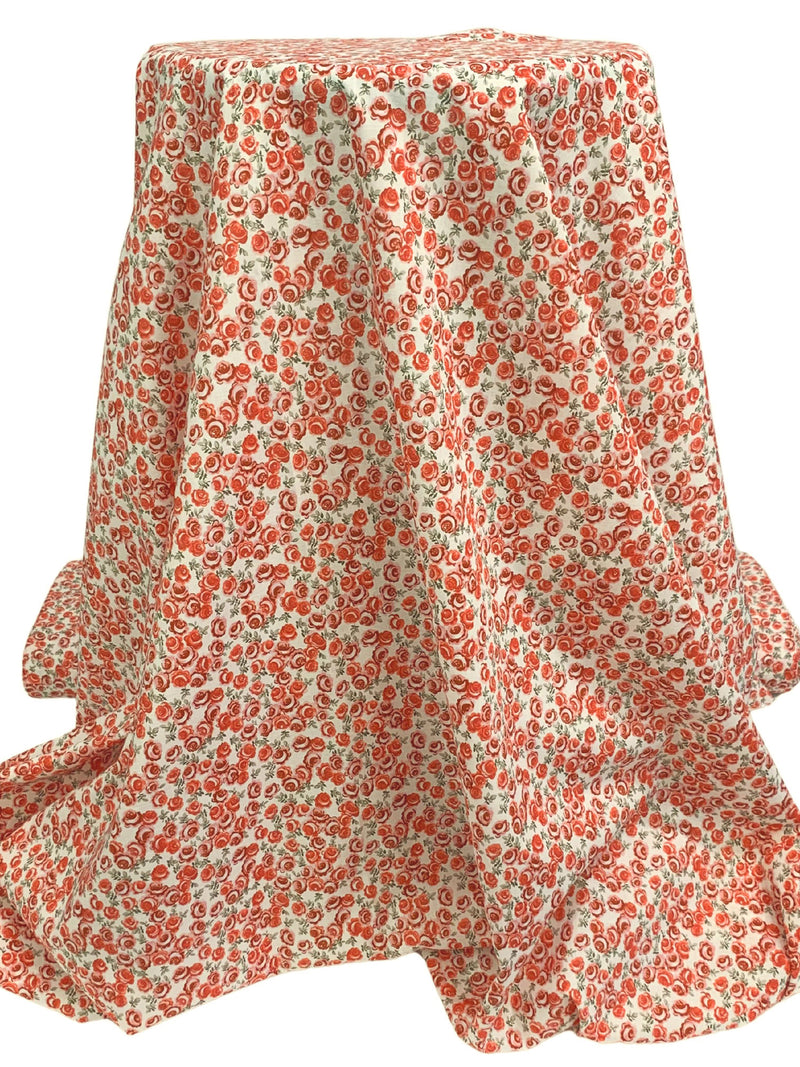 White/Dark Coral/Auburn Shadow/Pale Moss 100% Cotton Ditsy Floral Print Lawn 56W