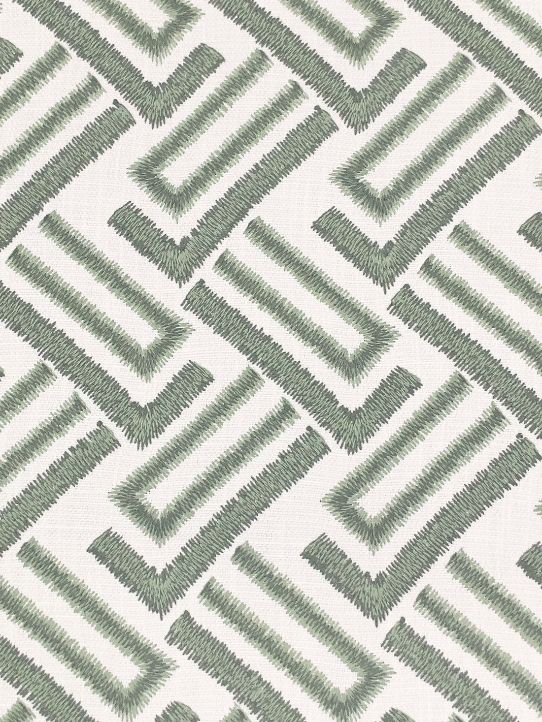 White/Deep Laurel/Sage 100% Cotton Embroidered Broken Alternating Weave Linen-Look Canvas 54W