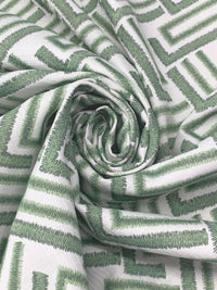White/Deep Laurel/Sage 100% Cotton Embroidered Broken Alternating Weave Linen-Look Canvas 54W