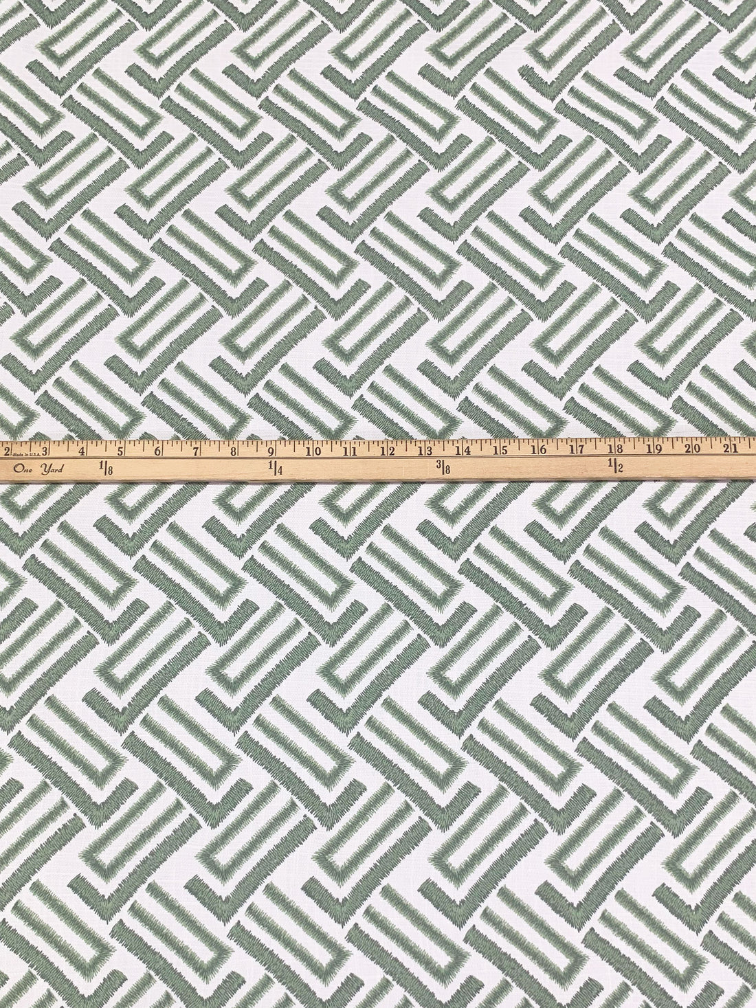 White/Deep Laurel/Sage 100% Cotton Embroidered Broken Alternating Weave Linen-Look Canvas 54W