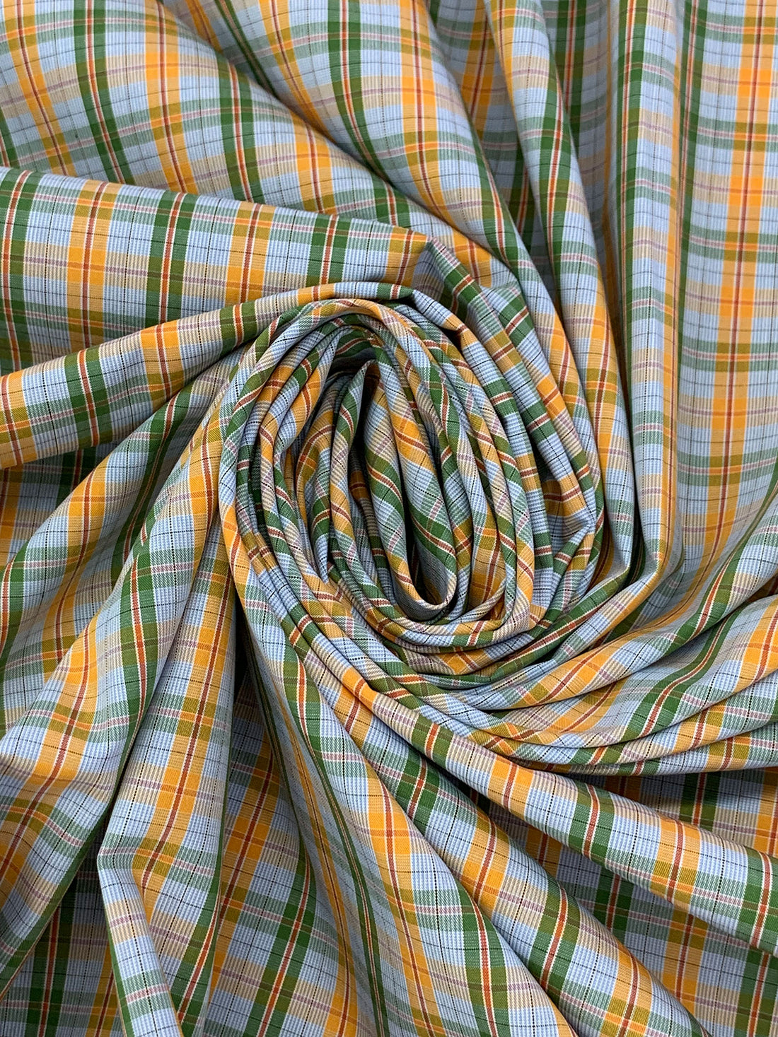 Palm Leaf/Marigold/Pale Cornflower/White 100% Cotton Yarn-Dyed Plaid Shirting 58W