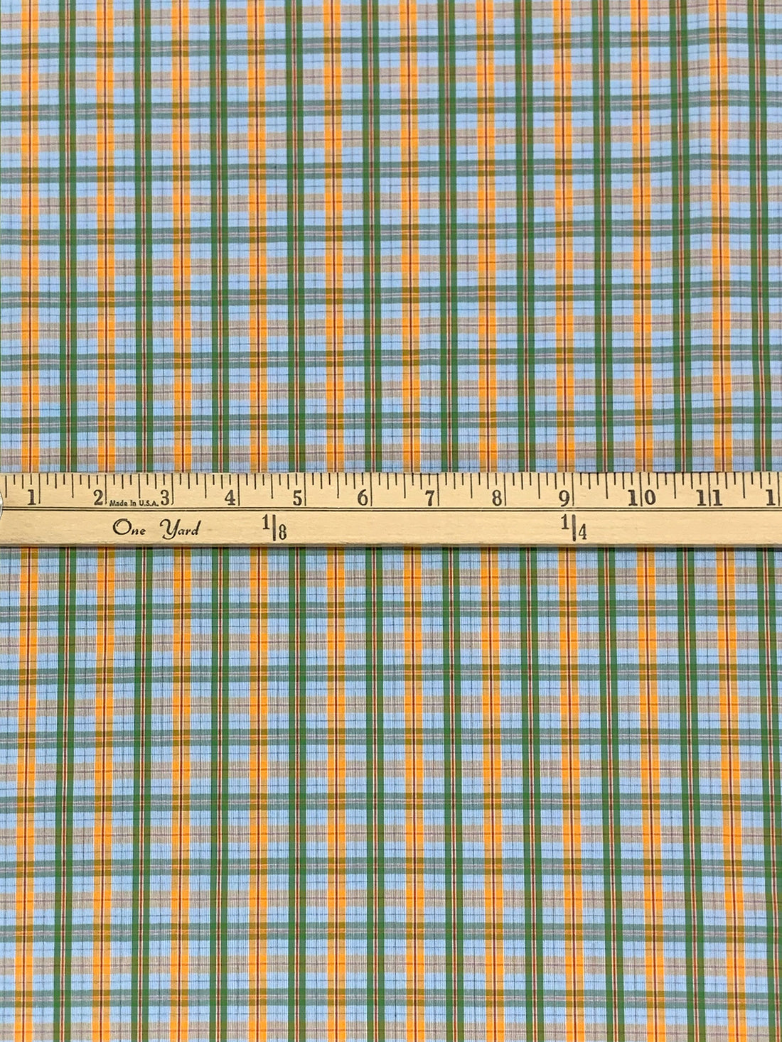 Palm Leaf/Marigold/Pale Cornflower/White 100% Cotton Yarn-Dyed Plaid Shirting 58W