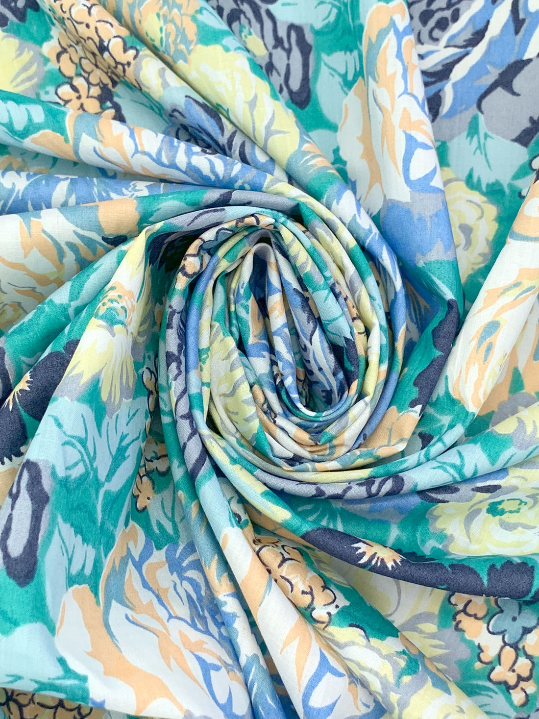 Light Goldenrod/Light Sea Green/Iceberg Blue/Dark Imperial Blue 100% Cotton Ditsy Floral Print Lawn 58W