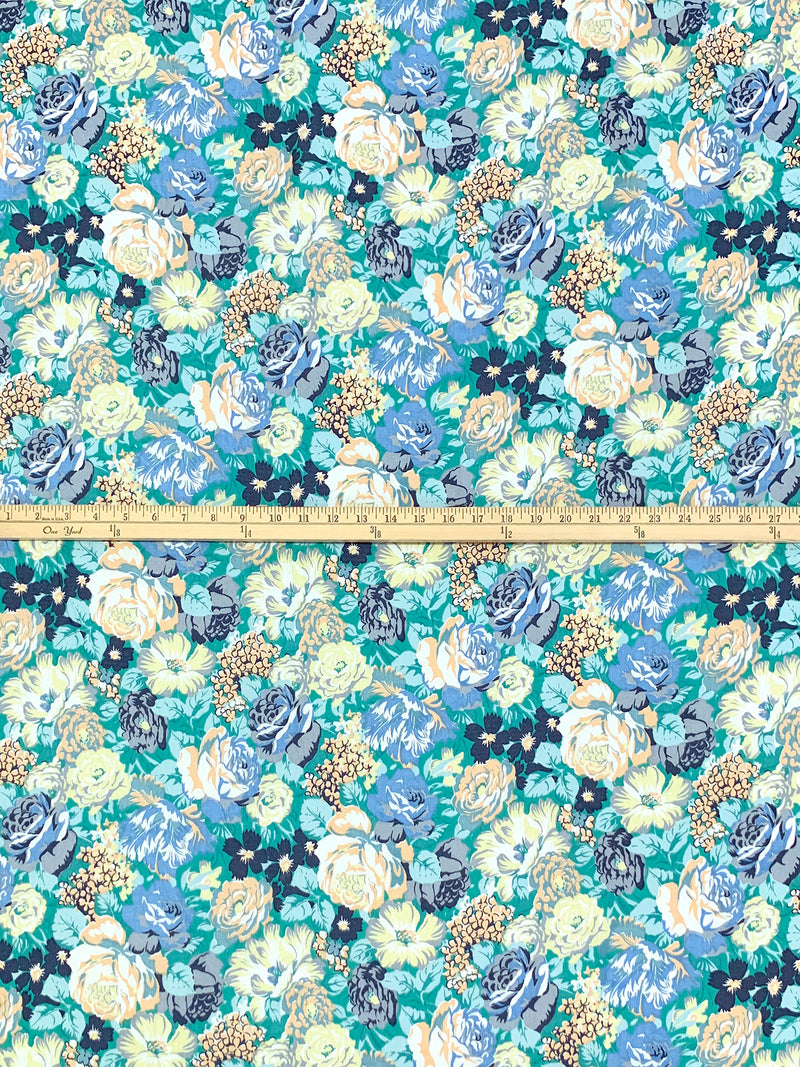 Light Goldenrod/Light Sea Green/Iceberg Blue/Dark Imperial Blue 100% Cotton Ditsy Floral Print Lawn 58W