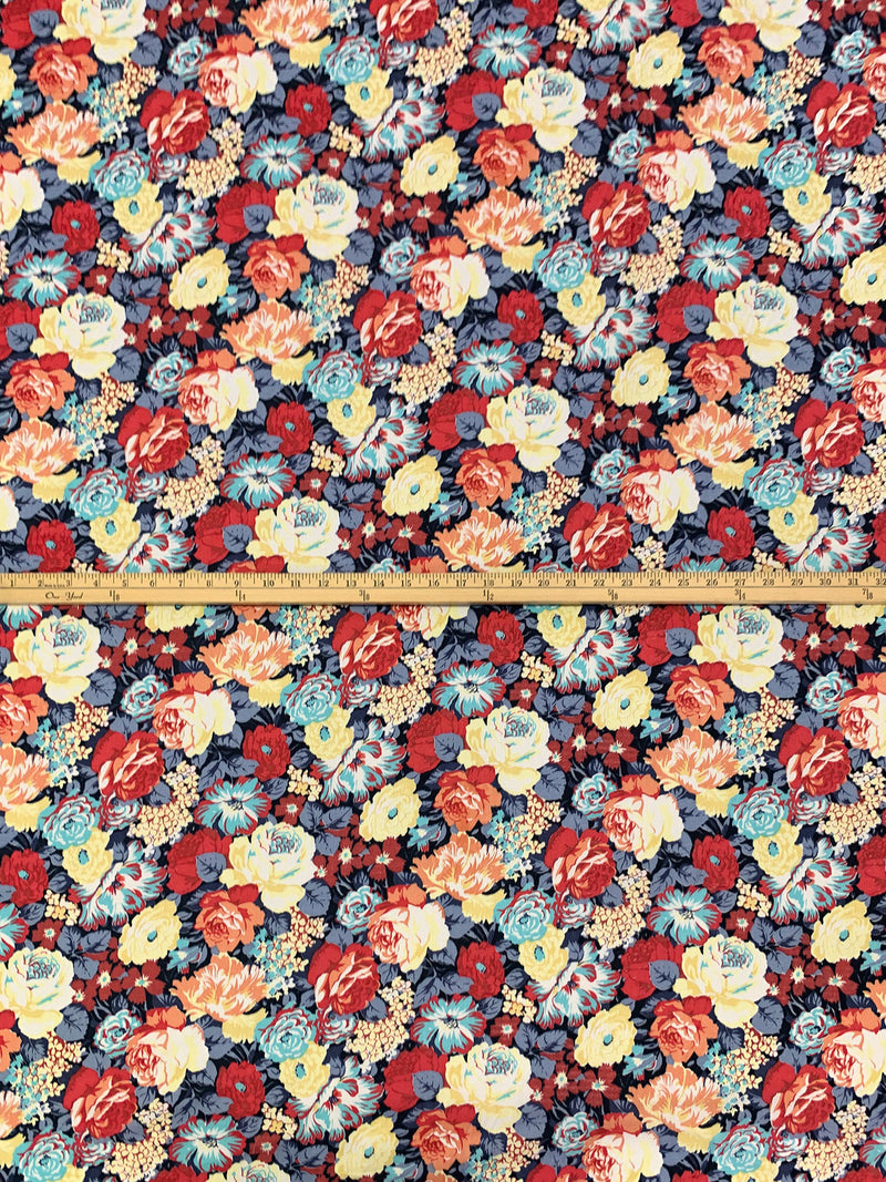 Blond/Pomegranate/Midnight Navy/Light Steel Blue 100% Cotton Ditsy Floral Print Lawn 58W