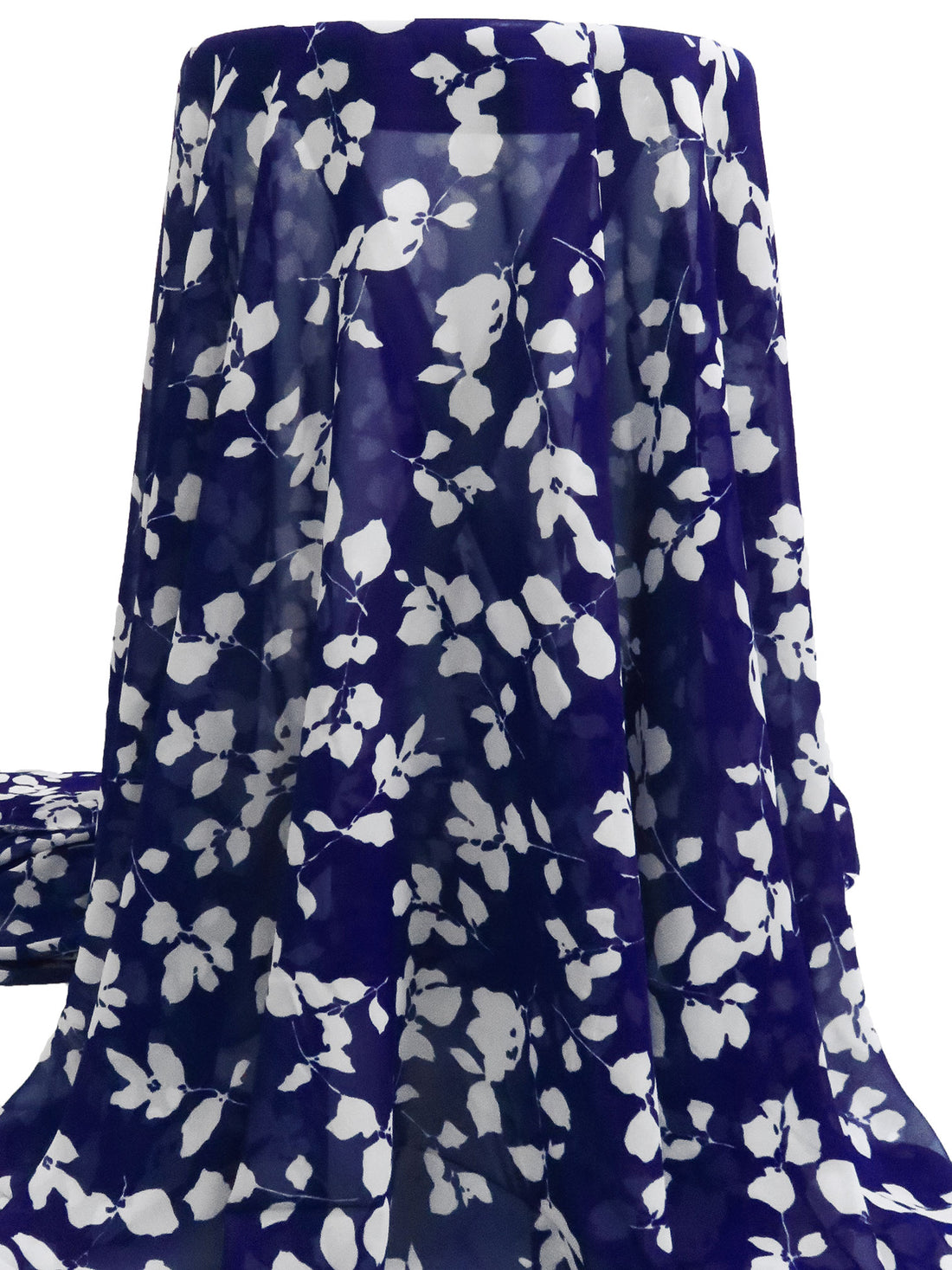 Dark Blue/White 100% Polyester Leaf Silhouette Print Chiffon - Robert Kaufman - 58W