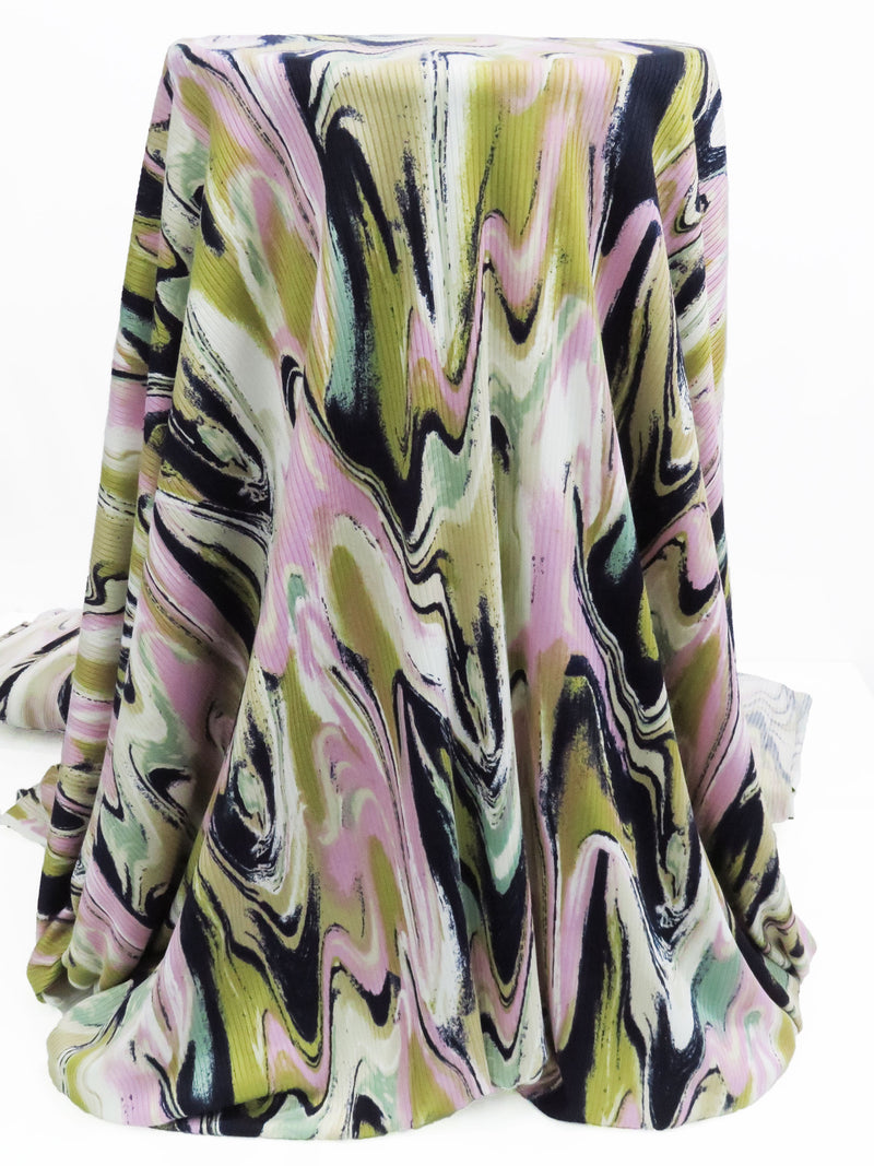 Taffy Pink/Dark Navy/Olive/Multi Polyester/Lycra Abstract Marble Print Rib Knit 54W