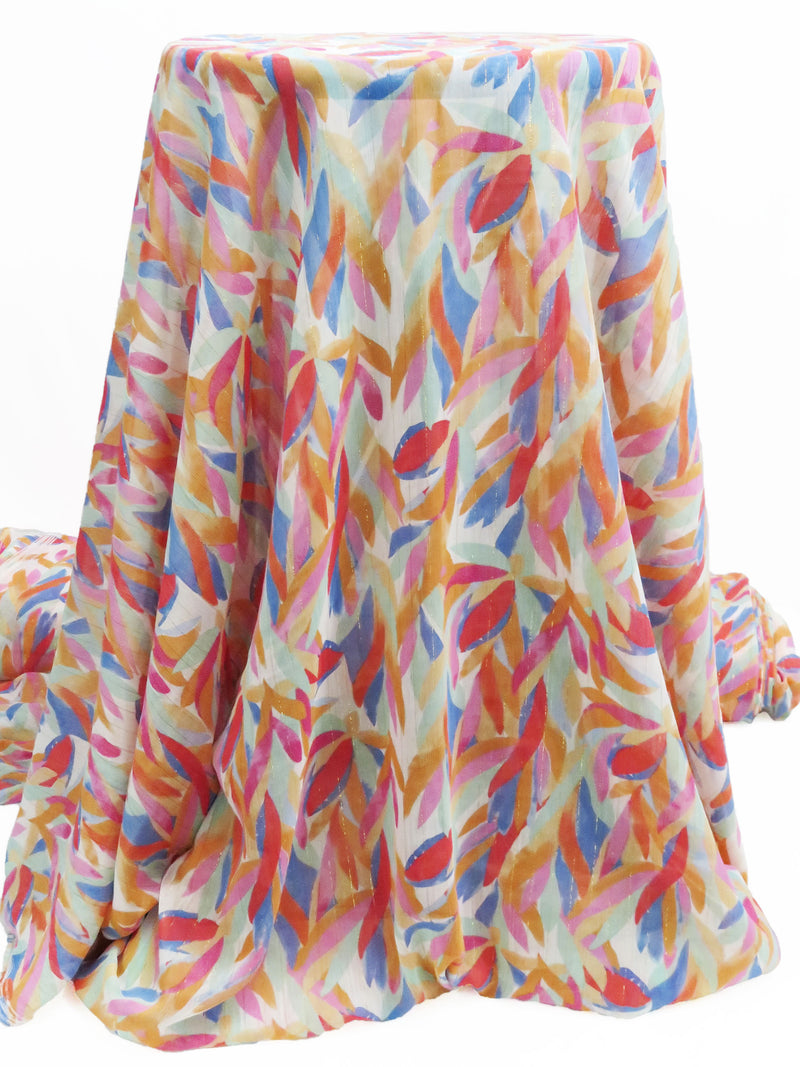 Magenta/Orange/Gold/Multi Polyester/Lurex Artistic Leaf Print On Vertical Metallic Pinstripe Design Crinkle Chiffon - NY Designer - 58W