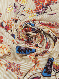 International Orange/Slate Blue/Off-White/Multi 100% Polyester Ornamental Floral On Vertical Pinstripe Print Bubble Crepe 58W