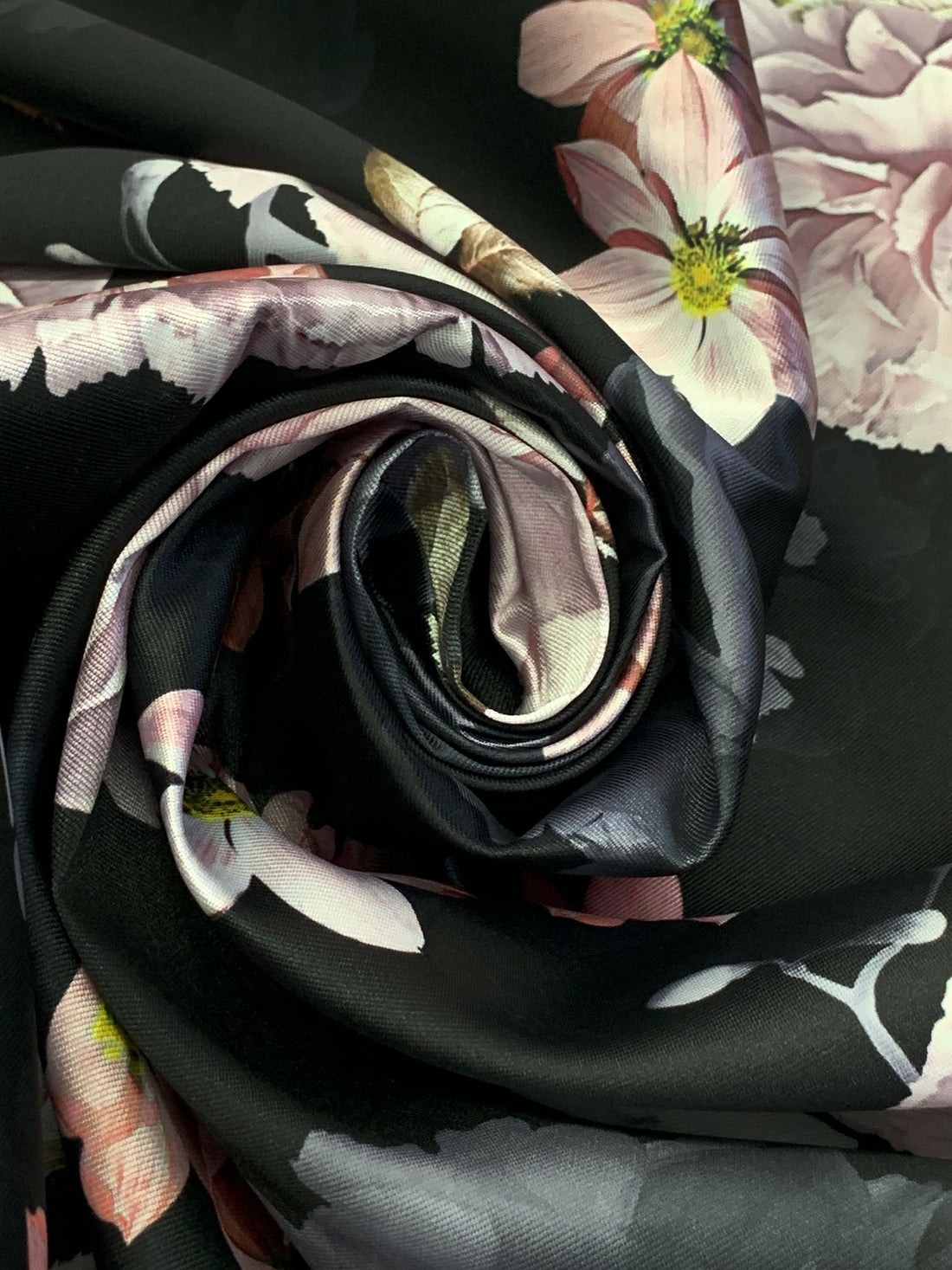 Black/Dark Slate Gray/Off-White/Copper Rose 100% Polyester Digital Floral Print Mikado Satin Twill - NY Designer - 56W