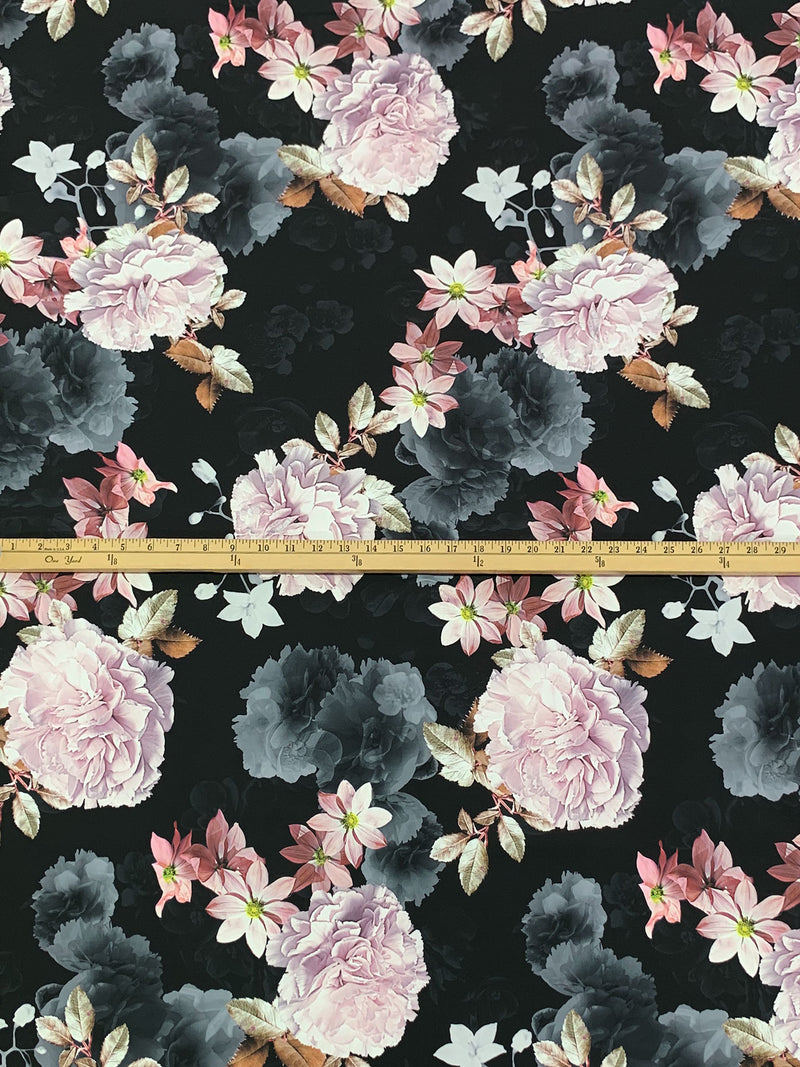 Black/Dark Slate Gray/Off-White/Copper Rose 100% Polyester Digital Floral Print Mikado Satin Twill - NY Designer - 56W