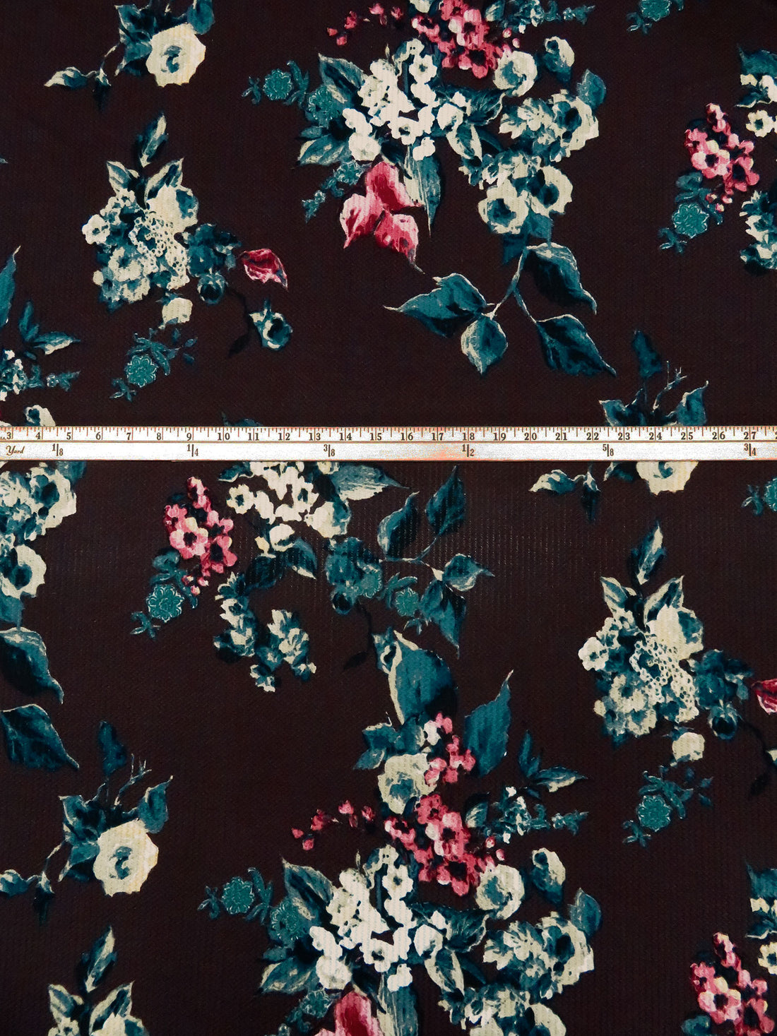 Dark Chocolate/Dark Rose/Dark Teal 100% Polyester Floral Print Waffle Rib Knit 59W