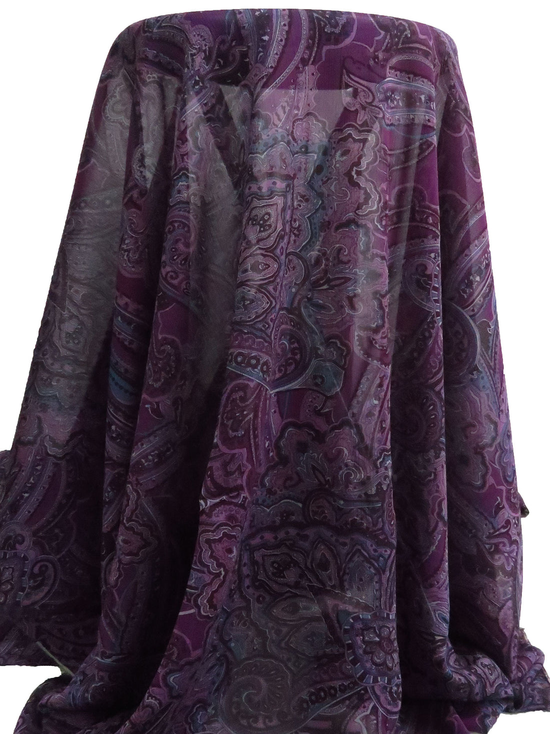 Dark Byzantium/Light Dusty Lavender/Dark Cerulean/Multi 100% Polyester Large Ornate Print Crinkle Chiffon - Famous Dress Designer - 53W