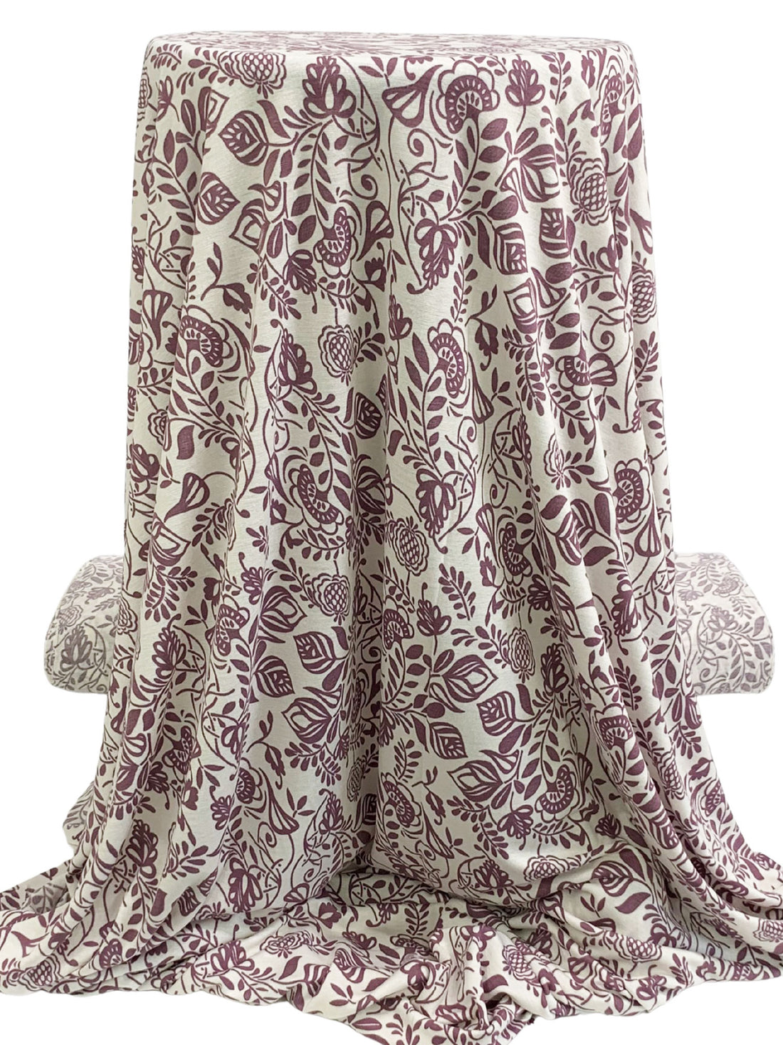 White Coffee/Old Burgundy Rayon/Lycra Floral Print Jersey Knit - Imported From France - 54W