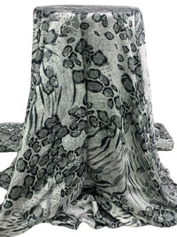 Bone/Dark Slate Gray/Black 100% Polyester Animal Print Satin-Faced Chiffon - Famous Dress Designer - 57W