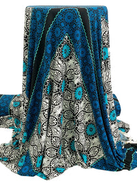 Dark Cerulean/Black/Off-White Polyester/Lycra Double Border Large Floral Lattice Print ITY Knit - Famous Dress Designer - 60W
