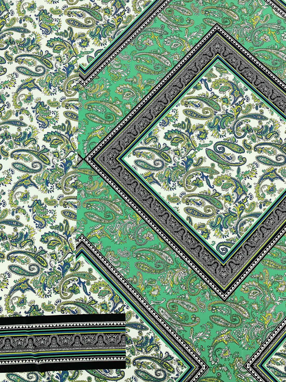 SOLD BY THE PANEL ONLY - Medium Sea Green/Lapis Blue/Bitter Lemon/Multi Polyester/Lycra Large Single Border Ornate Paisley ITY Knit - Famous Dress Designer - 59W