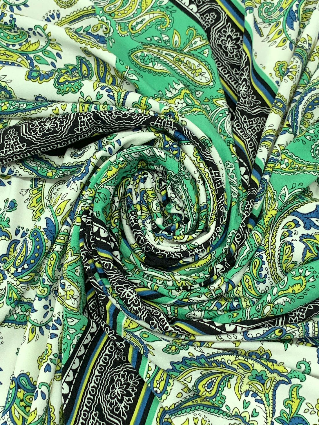 SOLD BY THE PANEL ONLY - Medium Sea Green/Lapis Blue/Bitter Lemon/Multi Polyester/Lycra Large Single Border Ornate Paisley ITY Knit - Famous Dress Designer - 59W