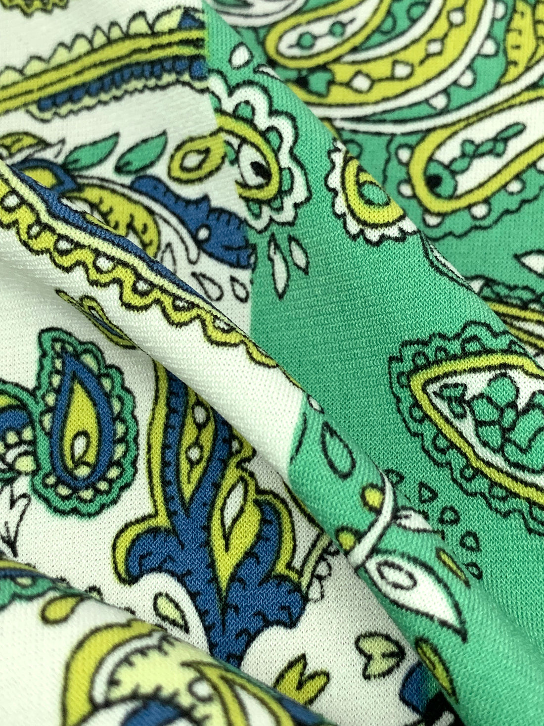 SOLD BY THE PANEL ONLY - Medium Sea Green/Lapis Blue/Bitter Lemon/Multi Polyester/Lycra Large Single Border Ornate Paisley ITY Knit - Famous Dress Designer - 59W