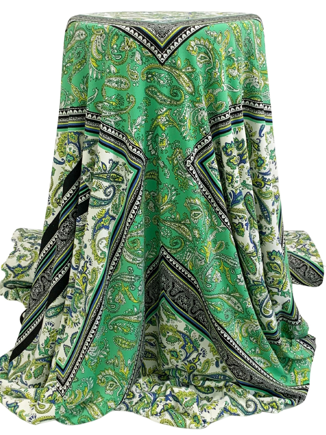 SOLD BY THE PANEL ONLY - Medium Sea Green/Lapis Blue/Bitter Lemon/Multi Polyester/Lycra Large Single Border Ornate Paisley ITY Knit - Famous Dress Designer - 59W