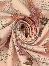 Soft Apricot/Old Rose/Coffee Cotton/Lycra Stylized Floral Print 4 Way Stretch Fine Twill Suiting - NY Designer - 56W