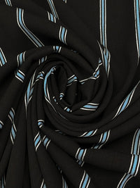 Black/Sky Blue/White 100% Rayon Vertical Stripe Print Crinkle Challis 54W