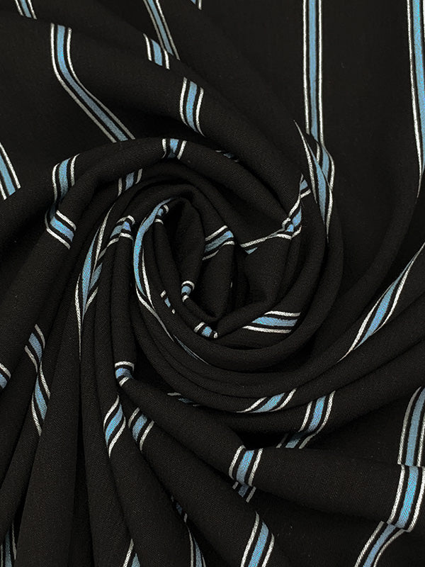 Black/Sky Blue/White 100% Rayon Vertical Stripe Print Crinkle Challis 54W