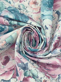 Cadet Blue/Orchid Pink/Off-White Cotton/Polyester Watercolor Floral Print Sheeting 62W