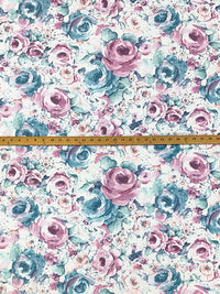 Cadet Blue/Orchid Pink/Off-White Cotton/Polyester Watercolor Floral Print Sheeting 62W