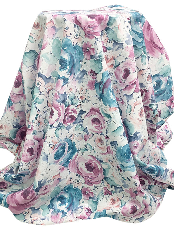 Cadet Blue/Orchid Pink/Off-White Cotton/Polyester Watercolor Floral Print Sheeting 62W