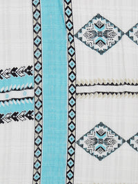 White/Arctic Blue/Beige/Black 100% Rayon Double Border Horizontal Multi Stripe Print On Vertical Woven Stripe Voile 60W