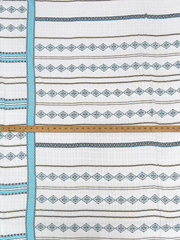 White/Arctic Blue/Beige/Black 100% Rayon Double Border Horizontal Multi Stripe Print On Vertical Woven Stripe Voile 60W