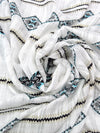 White/Arctic Blue/Beige/Black 100% Rayon Double Border Horizontal Multi Stripe Print On Vertical Woven Stripe Voile 60W