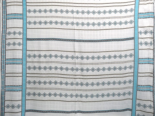 White/Arctic Blue/Beige/Black 100% Rayon Double Border Horizontal Multi Stripe Print On Vertical Woven Stripe Voile 60W