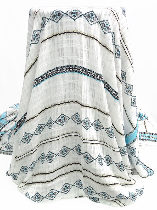 White/Arctic Blue/Beige/Black 100% Rayon Double Border Horizontal Multi Stripe Print On Vertical Woven Stripe Voile 60W