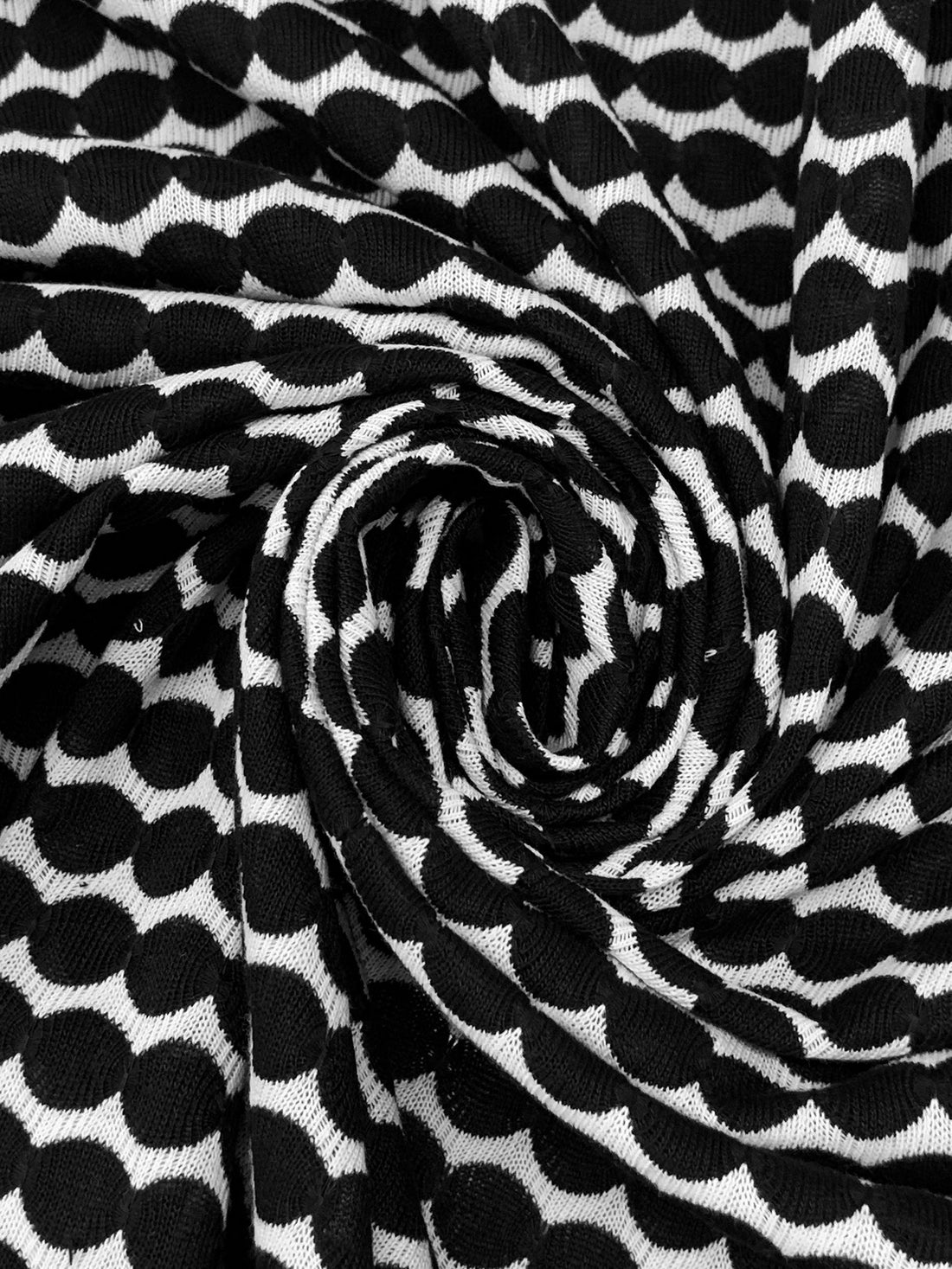 White/Black 100% Polyester Horizontal Circle Stripe Knit - Famous Dress Designer - 56W