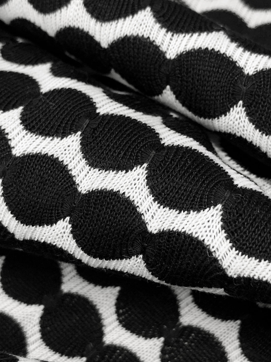 White/Black 100% Polyester Horizontal Circle Stripe Knit - Famous Dress Designer - 56W