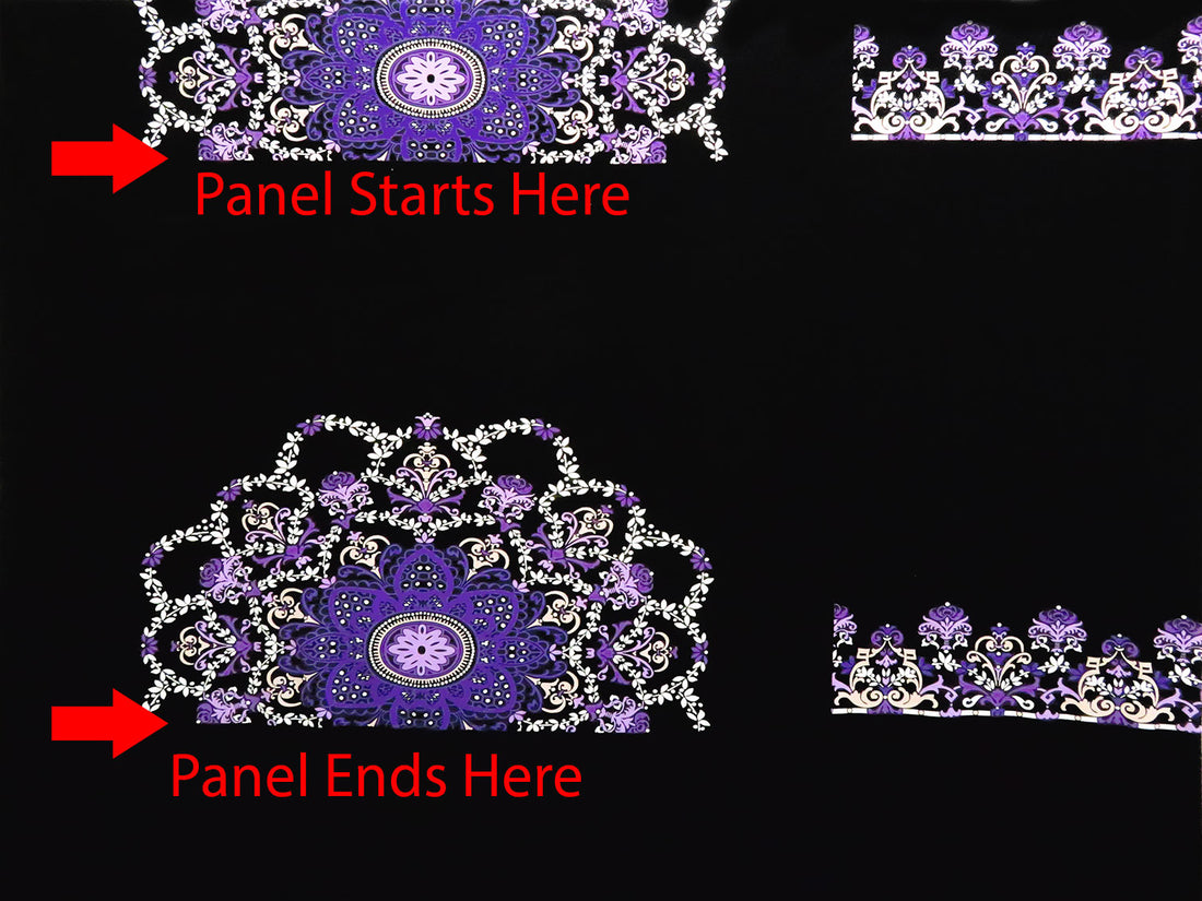 SOLD BY THE PANEL - Black/Royal Purple/White/Multi Polyester/Lycra Ornate Mandala Print ITY Knit - Famous Dress Designer - 57W