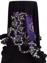 SOLD BY THE PANEL - Black/Royal Purple/White/Multi Polyester/Lycra Ornate Mandala Print ITY Knit - Famous Dress Designer - 57W