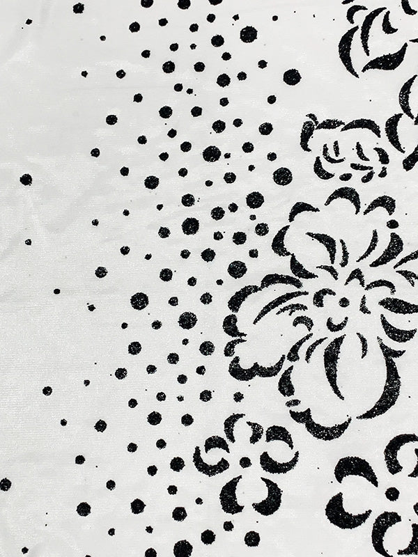 Snow White/Black 100% Polyester Glitter Dot Floral Single Border Shimmer Satin 58W