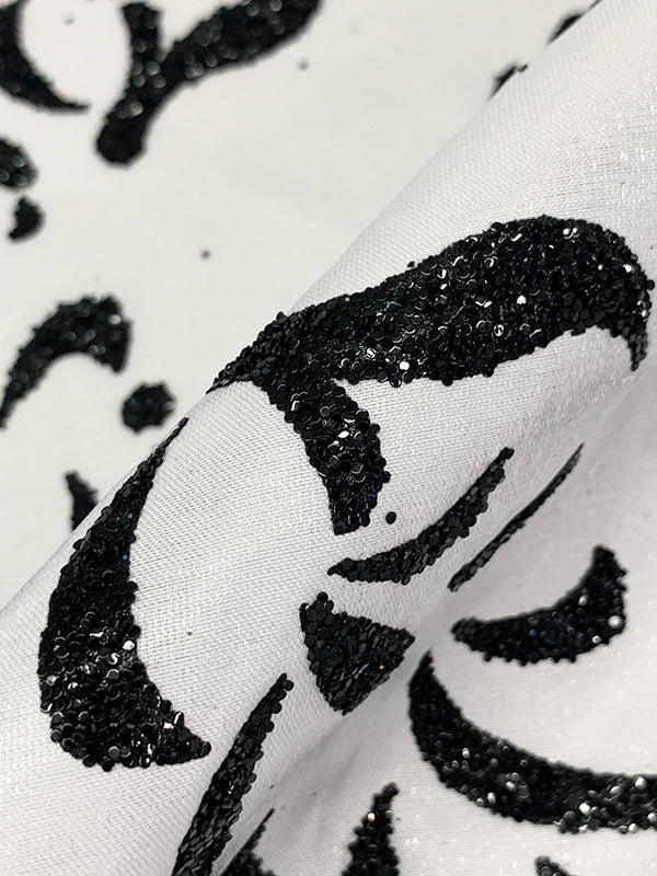 Snow White/Black 100% Polyester Glitter Dot Floral Single Border Shimmer Satin 58W