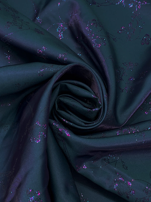 Dark Imperial Blue/Vibrant Grape 100% Polyester Glitter Floral Vines Iridescent Shimmer Satin 56W